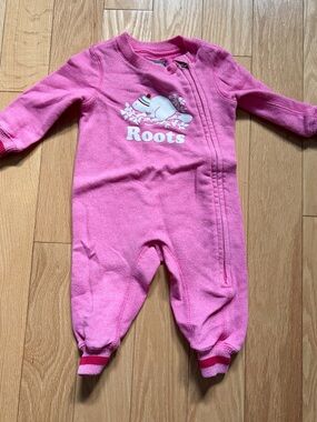 Roots Pink Fleece Baby Footed One-Piece with Polar Bear Graphic